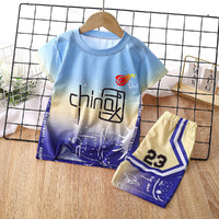 新款中国风儿童运动套装童装男童女童短袖T恤两件套 浅蓝色 90cm