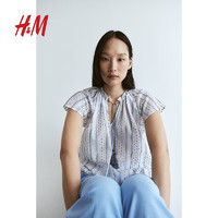 H&M女装2024夏季棉质V领休闲抽绳设计棉质上衣1232656 白色/蓝色条纹 155/80