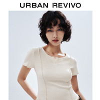 URBAN REVIVO 女士减龄感木耳边T恤衫 UWV440133 粉白 M