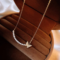 Trendolla 鋯石珍珠蝴蝶項鏈時尚氣質鎖骨鏈溫柔百搭通勤項飾女