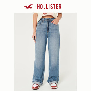 HOLLISTER24春夏辣妹高腰翻边裤脚宽松牛仔裤 女 KI355-4200 中间色水洗 150/64A 0短版