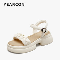 YEARCON 意尔康 厚底增高凉鞋女2024夏季新款褶皱一字带沙滩运动休闲凉鞋