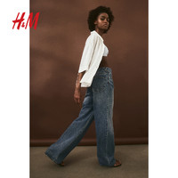 H&M HM女装衬衫2024夏季翻领休闲亚麻透气宽松落肩短袖上衣1206077