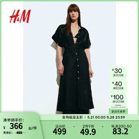 H&M 2024年春季女装亚麻混纺衬衫式连衣裙1223491 黑色 155/80A
