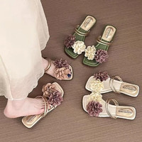瓦米诺法式复古花朵仙女风配裙子女外穿2024夏季新款舒适一字拖度假拖鞋 白色 39