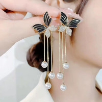 珥柒 銀針鑲鉆蝴蝶珍珠鏈條流蘇耳環一款兩戴耳墜個性氣質耳飾女