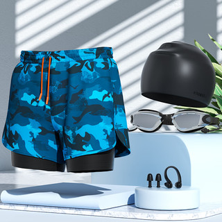 双层泳裤男士防尴尬2024新款游泳全套装备 迷彩蓝+泳镜泳帽五件套