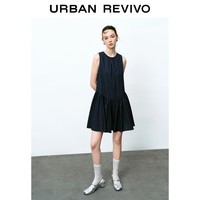 URBAN REVIVO 女士都市休闲气质系带百褶连衣裙UWU740088 墨蓝 XL
