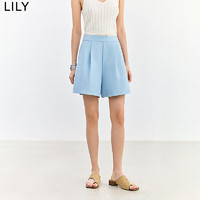 LILY2024夏女装设计感撞色腰头复古通勤时尚显瘦阔腿休闲短裤 401蓝色 M