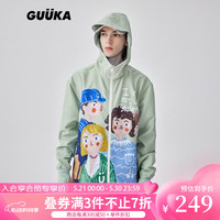 古由卡（GUUKA）美式街头连帽风衣男潮蜡笔画印花网布拼接宽松皮肤衣 浅绿G60322 S