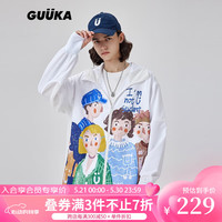 古由卡（GUUKA）美式街头连帽风衣男潮蜡笔画印花网布拼接宽松皮肤衣 白色G60201 L