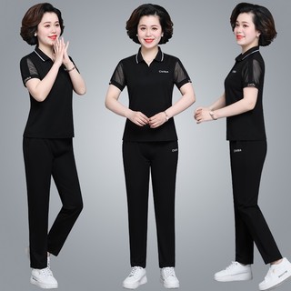 俞兆林（YUZHAOLIN） 中老年女装休闲运动服套装女2022年时尚洋气中年夏装中 黑色 M（90斤以下）