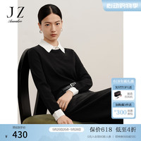 玖姿·安娜蔻撞色套头翻领纯羊毛长袖套头毛衫女冬季 素黑 XS