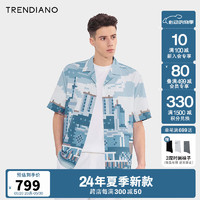 TRENDIANO微阔印花休闲衬衫2024年夏季新款潮流男士衬衫款设计感 灰蓝