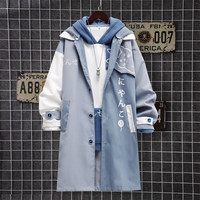 柯菲沃美式风衣男复古猫咪印花拼接潮牌中长款过膝宽松卡通连帽风衣外套 LS11蓝色（常规款） XL