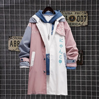 柯菲沃美式风衣男复古猫咪印花拼接潮牌中长款过膝宽松卡通连帽风衣外套 LS11粉色（常规款） 3XL