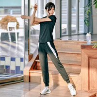 朵梵蓮运动套装女夏季季宽松显瘦瑜伽服女套装长袖房跑步服透气 【两件套】黑色短袖+白边长裤 S 85-103斤