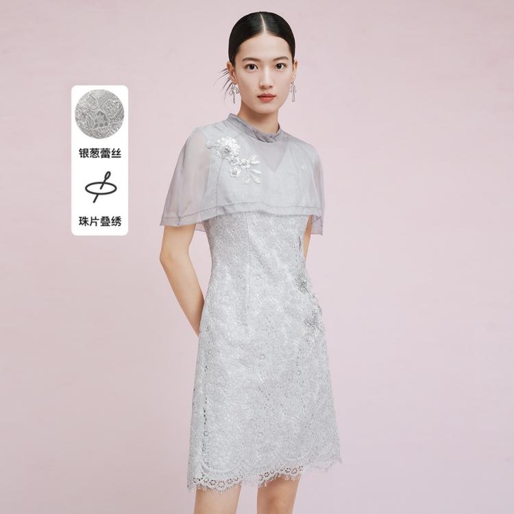 夏季新中式斗篷袖镂空蕾丝修身礼服连衣裙女