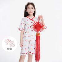 Annil 安奈儿 童装女童23夏中国风时尚复古短袖家居服套装