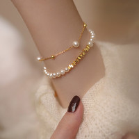 MOEFI 茉妃 方塊珍珠手鏈小眾設計感2024年新款輕奢氣質名媛風小香風禮物 碎銀珍珠手鏈金色