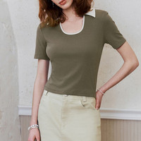 URBAN REVIVO 女士都市休闲百搭撞色领口修身T恤衫 UWU440061 深咖棕 XL