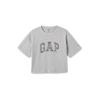 Gap 盖璞 女士精梳棉牛仔logo短款短袖T恤宽松上衣 496354 灰色