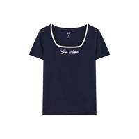 Gap 盖璞 女装2024夏季弹力罗纹撞色U领短袖T恤修身显瘦上衣 465251 海军蓝 M