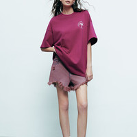 URBAN REVIVO 女装潮流休闲撞色贴布印花宽松T恤衫UWV440146 玫红 XS