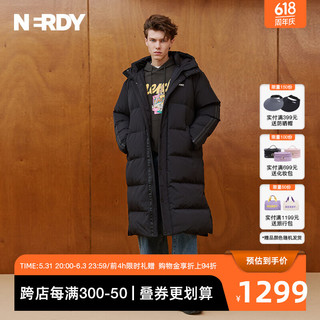 NERDY经典中长款连帽羽绒服同款双杠加厚保暖宽松外套 黑色 S