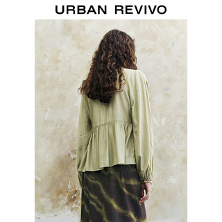 URBAN REVIVO 女装摩登轻熟风气质褶皱V领罩衫衬衫 UWH240065 白绿 M