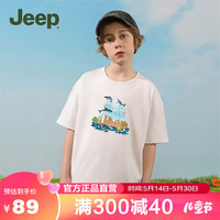 JEEP吉普夏季纯棉运动宽松短袖男女童印花上衣吸汗儿童T恤儿童节 白色 150