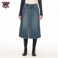 盖尔斯【GUESS x YUEQI QI联名系列】女士显瘦设计拉链插片牛仔中长裙 MIDU-蓝色 XS