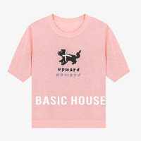 Basic House/百家好春夏潮流卡通小狗印花宽松针织衫短袖女夏薄款2024 麻鱼红 L110-125斤