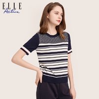 ELLE Active 条纹针织衫短袖夏季 显瘦圆领t恤针织短袖上衣女薄款