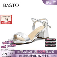 百思图24夏季新款商场同款时髦潮流一字带粗高跟女凉鞋M7063BL4