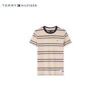 TOMMY HILFIGER 24春夏童装男纯棉经典布标撞色条纹短袖T恤TH2422764 卡其条纹001 12/150cm