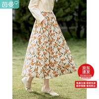 茵曼田园复古印花弹力松紧腰遮肉显瘦半身裙女18314|120 黄绿色 XL