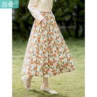 茵曼田园复古印花弹力松紧腰遮肉显瘦半身裙女18314|120 黄绿色 L