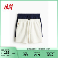 H&M男装短裤2条装2024夏季柔软舒适居家简约中腰短卫裤1224314 白色/海军蓝 180/106 XL