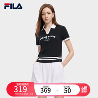 FILA 斐乐女子短袖POLO衫时尚修身小V字撞色翻领上衣 正黑色-BK 160/80A/S