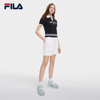 FILA 斐乐女子短袖POLO衫时尚修身小V字撞色翻领上衣 正黑色-BK 160/80A/S