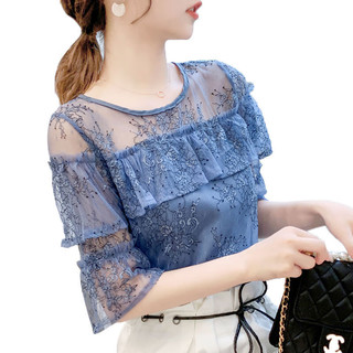 时尚女装春夏款女蕾丝雪纺上衣服洋气短袖超仙衬衫夏款潮 蓝色 XL 115-125