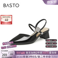 百思图2024夏季时髦简约亮面尖头粗跟后空女凉鞋M1131BH4 黑色 34