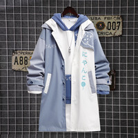 柯菲沃美式风衣男复古猫咪印花拼接潮牌中长款过膝宽松卡通连帽风衣外套 LS11白色（常规款） 3XL