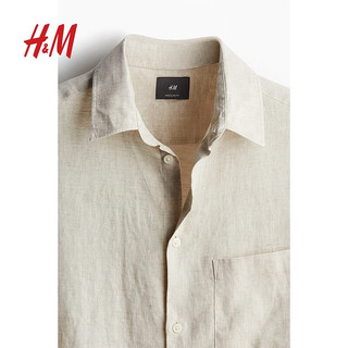 H&M男装上衣夏季时尚休闲版型透气亚麻衬衫长袖1127523 浅米色 175/108