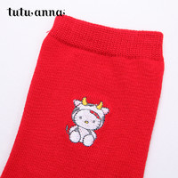 tutuanna 趣趣安娜 短袜女 日系冬季纯色卡通棉质短筒袜本命年新年红袜子女