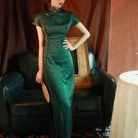 改良旗袍綠色修身高開叉長款女復古中國風老上海日常生活裝連衣裙