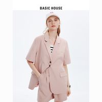 Basic House/百家好粉色西服外套女季薄款感短裤套装女