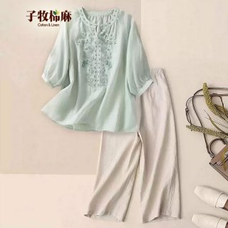 子牧棉麻 女士浅绿上衣+杏色裤子两件套