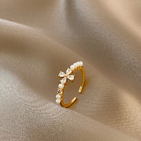簡約花朵珍珠戒指女設計感開口食指戒個性手飾品 花朵 開口可調節